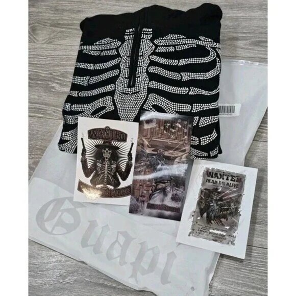 Guapi Men's Skeleton Rhinestone Hoodie Black Limited Editions Size S NWT (JB) - Picture 2 of 14